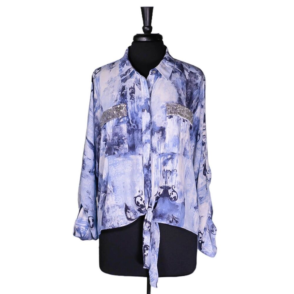 Chico's Womens Shirt Button Up Blue Sequin Tie Front Abstract Artsy Top 3 XL/16